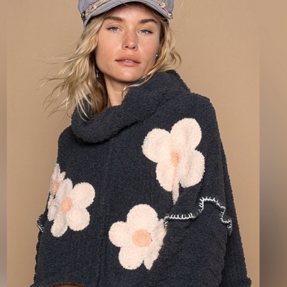 164. NWOT POL Dark Gray Cowl Neck Sweater with Pink Flower Details - Picture 2 of 4